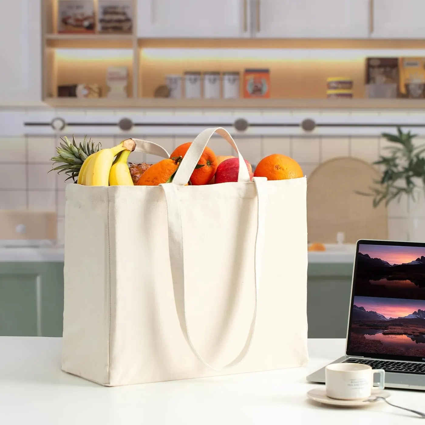 Canvas Tote Bag Reusable Grocery Bags With Long Shoulder Strap
