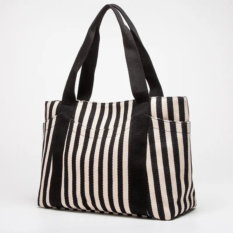 Large Capacity Striped Eco Friendly Canvas Tote Bag For Women