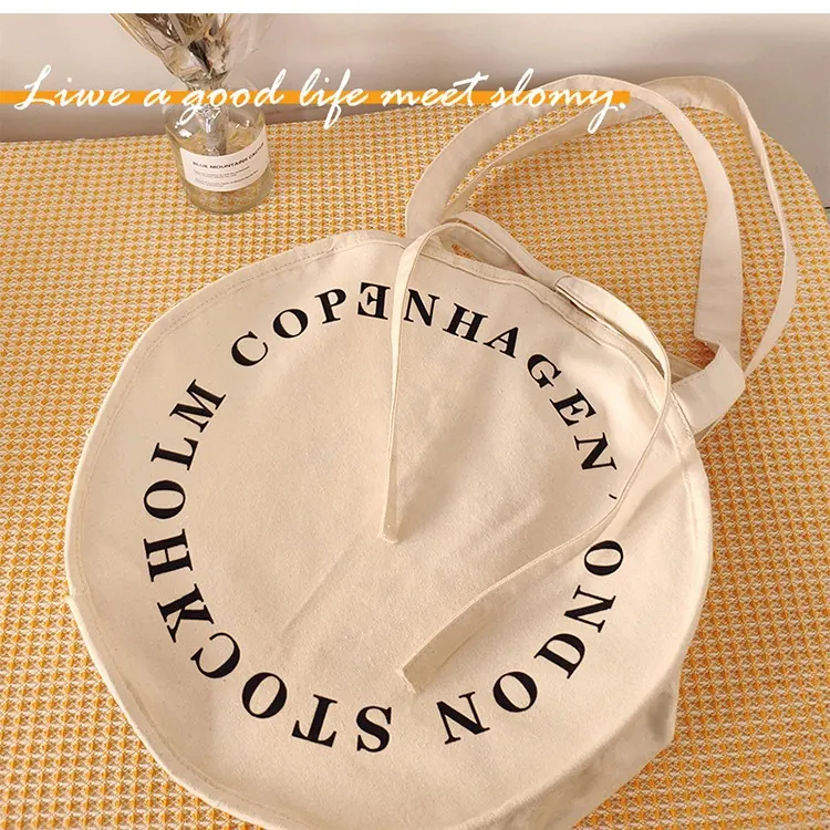 Printable Logo Beach Round Canvas Tote Bag Beige Cotton Canvas