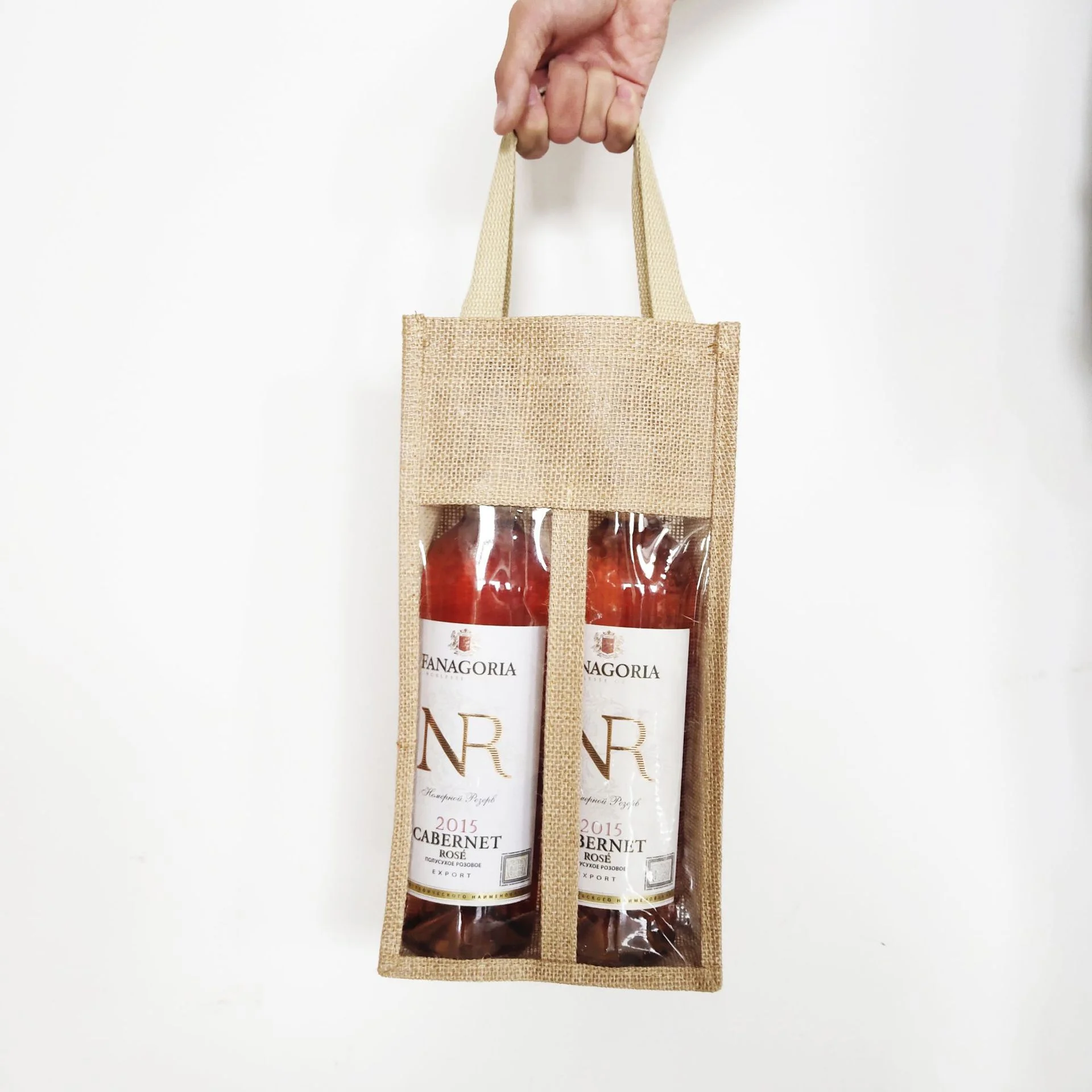 Single Jute Handbag Burlap Wine Bottle Bag With Drawstring Rope