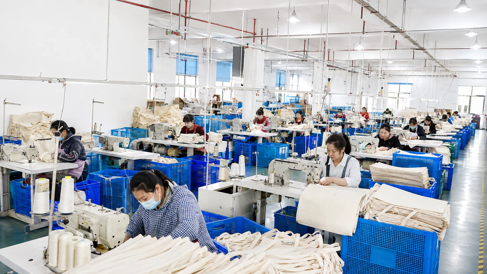 Workers sewing reusable canvas bags in the Xiangfu factory