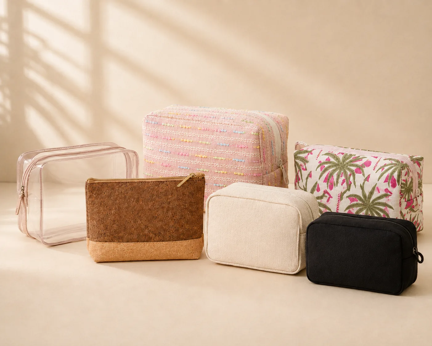 Cosmetic pouches in assorted fabrics and prints