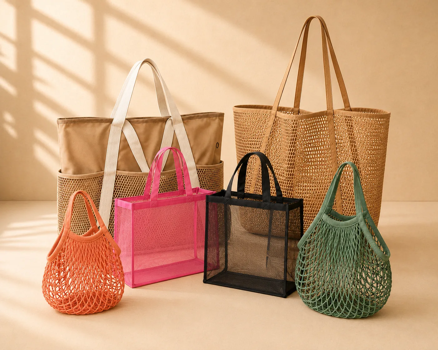 Mesh net tote bags in assorted colors and styles