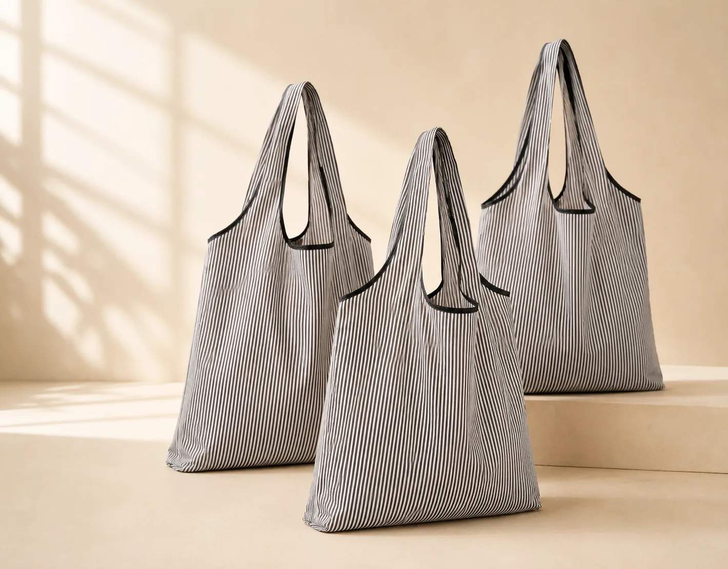 Foldable striped polyester tote bags