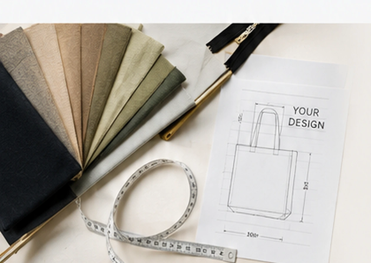 Fabric swatches, measuring tape and custom tote bag design drawing